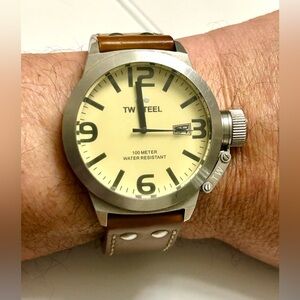 TW Steel Pale Yellow Dial Watch with Brown Leather Strap